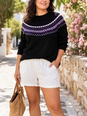 Ricki's Black Nordic Fair Isle Yoke Sweater Purple White Cozy Winter Knit